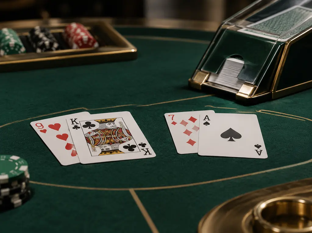 Sepatu kartu dan dua tangan baccarat pada kain hijau