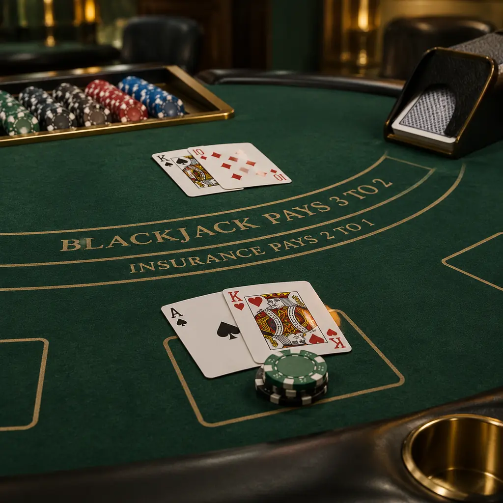 Kartu blackjack, sepatu kartu dan chip pada meja kasino