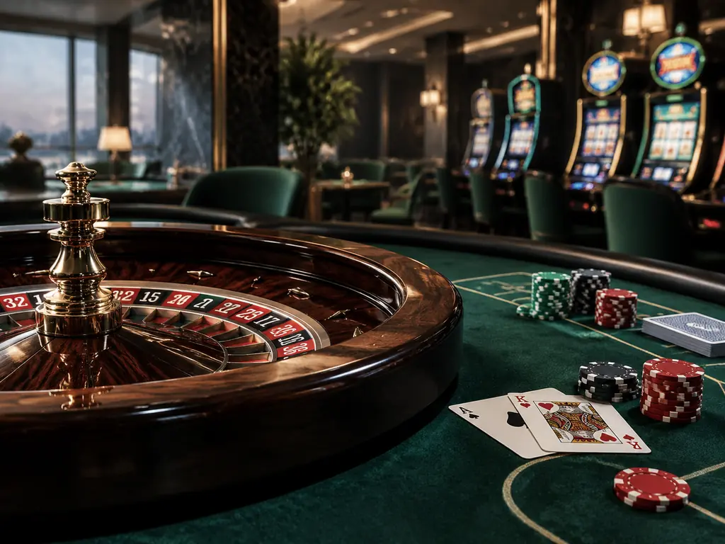 Ilustrasi ruang kasino dengan meja roulette, kartu dan mesin slot di kejauhan