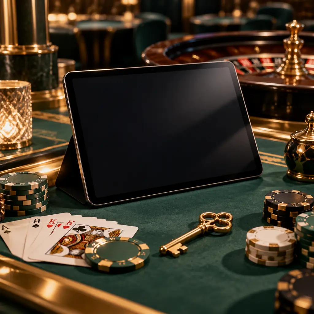 Tablet, kunci dan chip di atas meja kasino