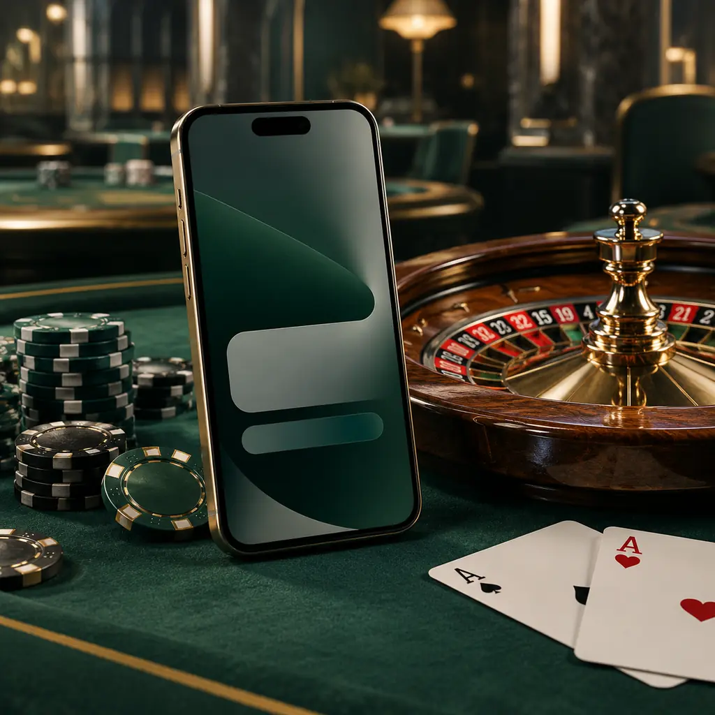 Ponsel di samping roulette kecil dan kartu kasino