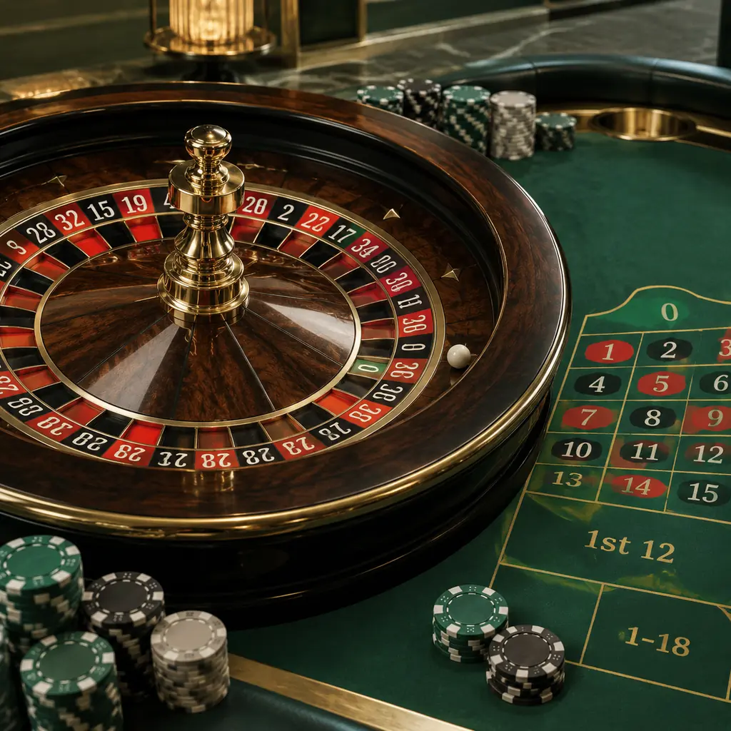 Roda roulette dan kain taruhan hijau di kasino